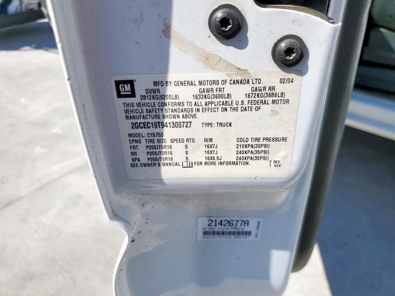 2004 Chevrolet Silverado C1500 VIN: 2GCEC19T941300727 Lot: 85302805