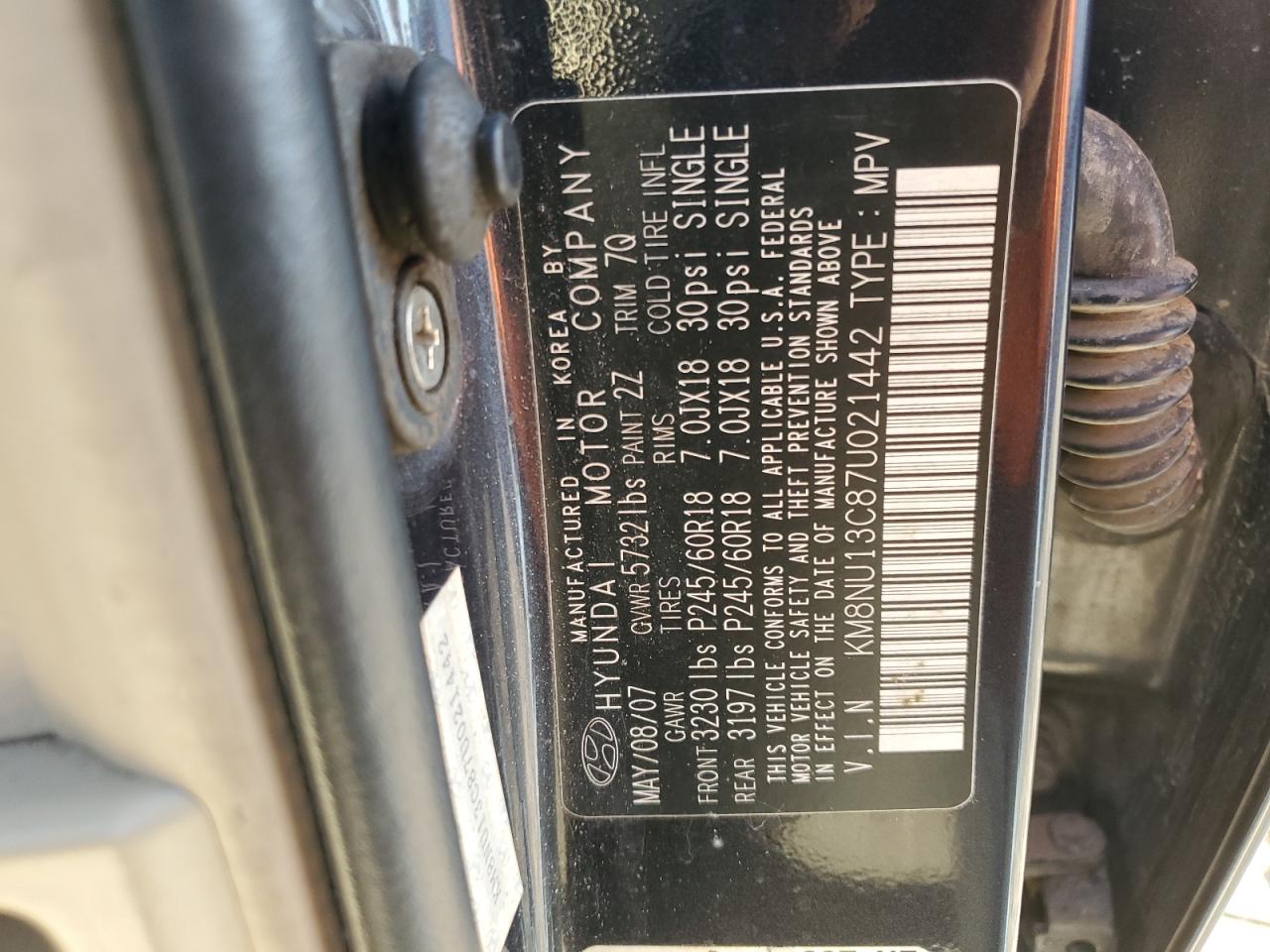 2007 Hyundai Veracruz Gls VIN: KM8NU13C87U021442 Lot: 85425835