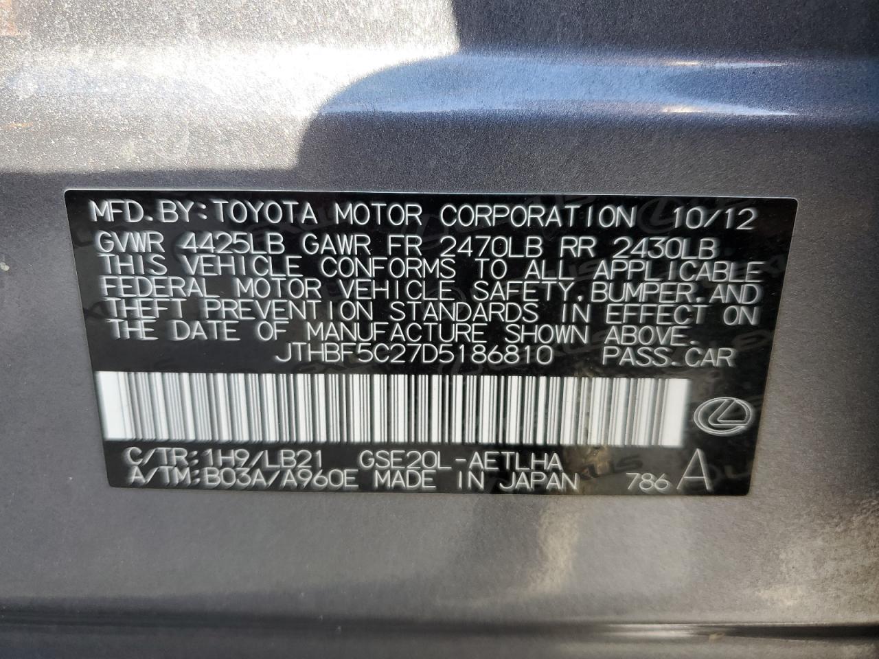 2013 Lexus Is 250 VIN: JTHBF5C27D5186810 Lot: 89934025