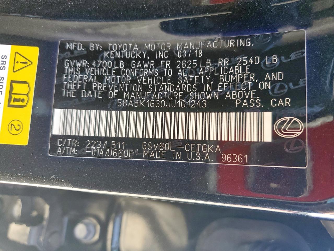 2018 Lexus Es 350 VIN: 58ABK1GG0JU101243 Lot: 84234535