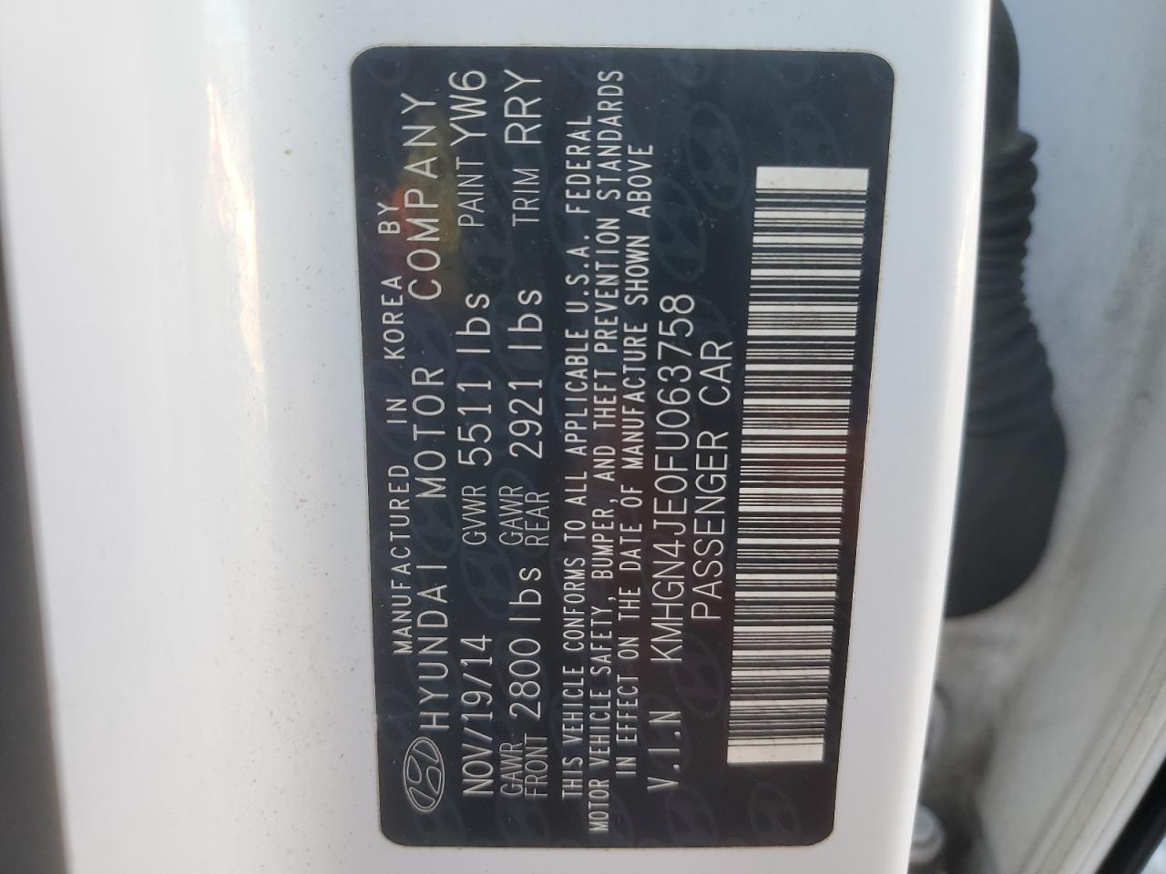 2015 Hyundai Genesis 3.8L VIN: KMHGN4JE0FU063758 Lot: 86245465