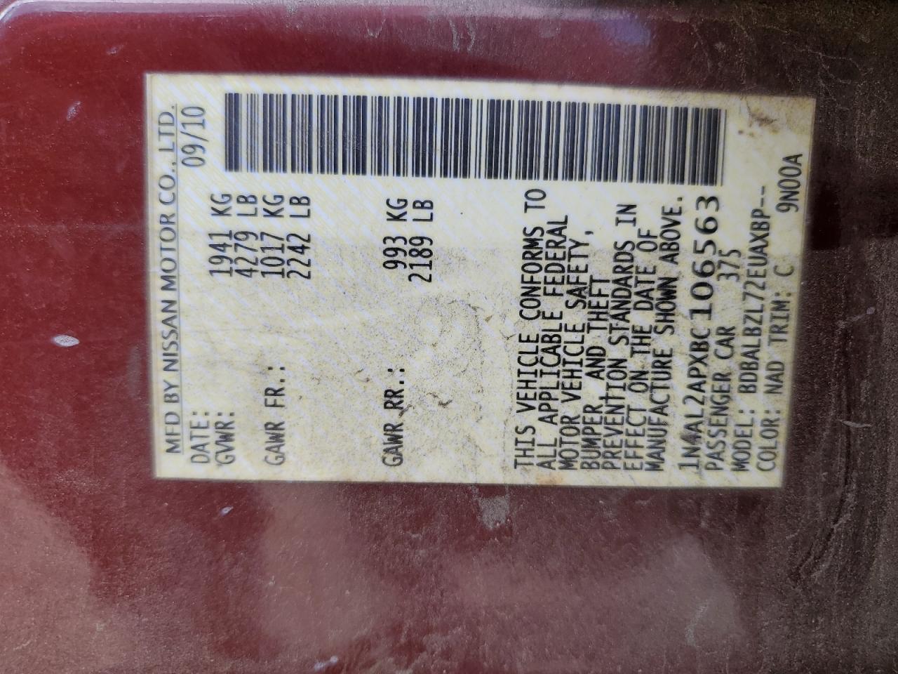 2011 Nissan Altima Base VIN: 1N4AL2APXBC106563 Lot: 85143855