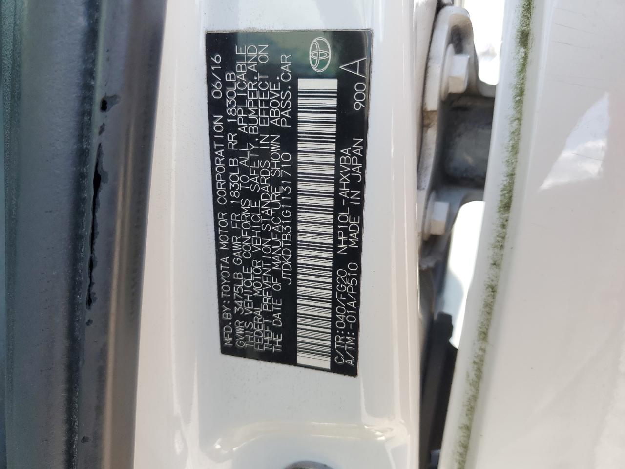 2016 Toyota Prius C VIN: JTDKDTB31G1131710 Lot: 81973225