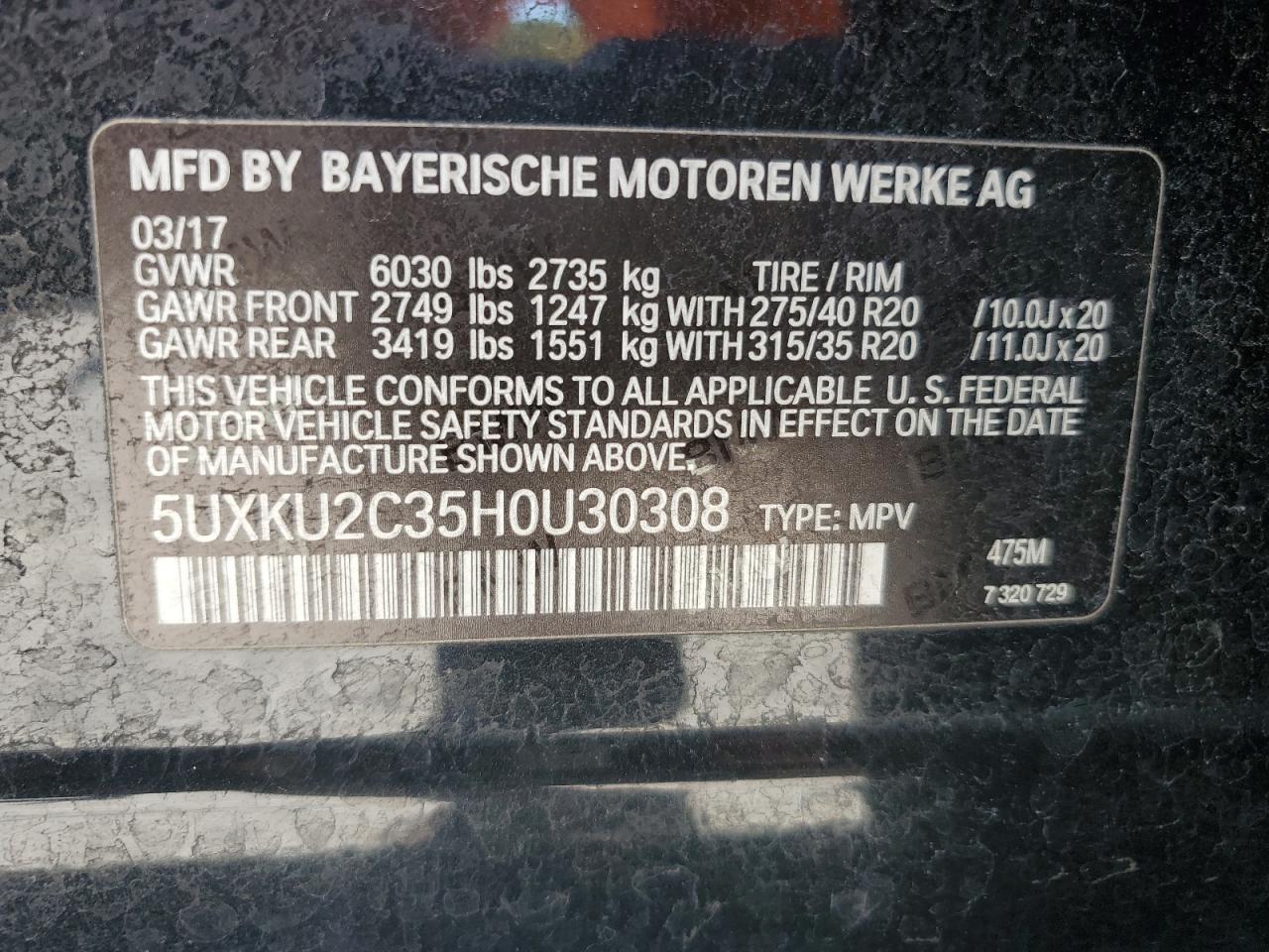 2017 BMW X6 xDrive35I VIN: 5UXKU2C35H0U30308 Lot: 87385125