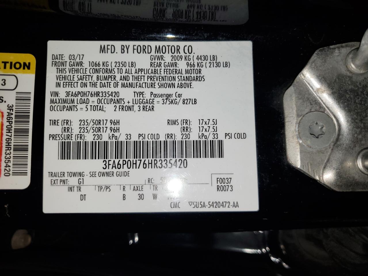 2017 Ford Fusion Se VIN: 3FA6P0H76HR335420 Lot: 89518335