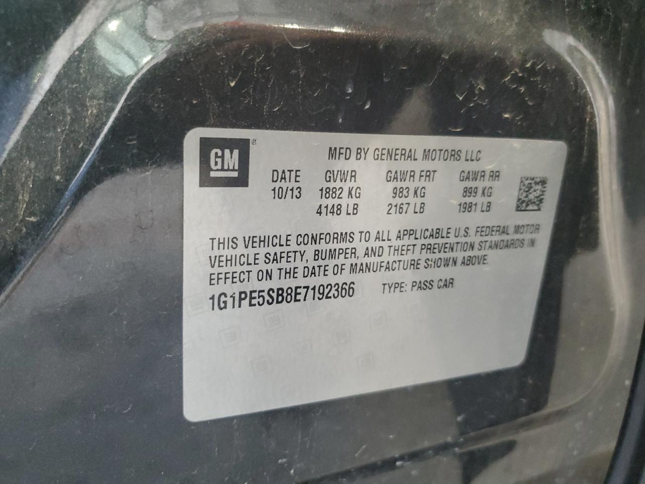 2014 Chevrolet Cruze Lt VIN: 1G1PE5SB8E7192366 Lot: 84898895