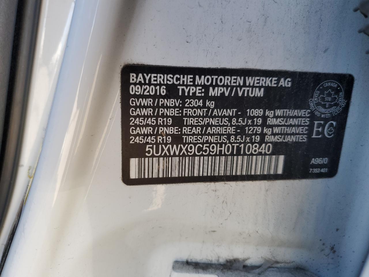 2017 BMW X3 xDrive28I VIN: 5UXWX9C59H0T10840 Lot: 85928785