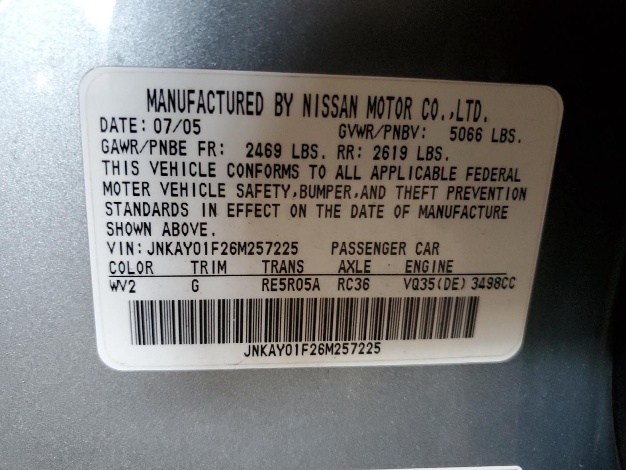 2006 Infiniti M35 Base VIN: JNKAY01F26M257225 Lot: 84986675