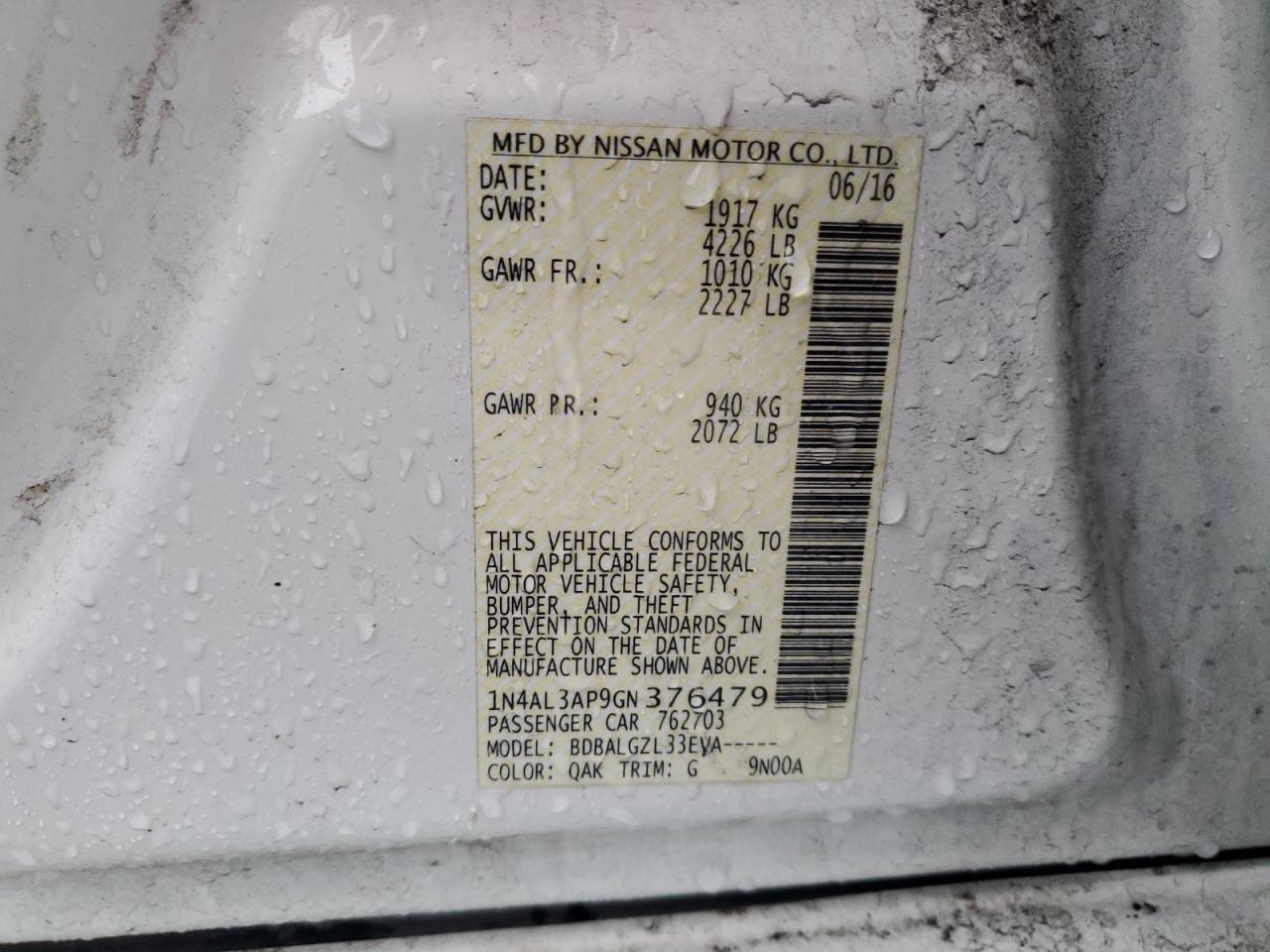 2016 Nissan Altima 2.5 VIN: 1N4AL3AP9GN376479 Lot: 82496805