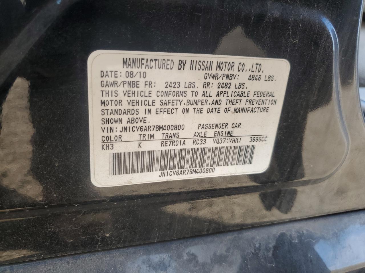 2011 Infiniti G37 VIN: JN1CV6AR7BM400800 Lot: 85738765