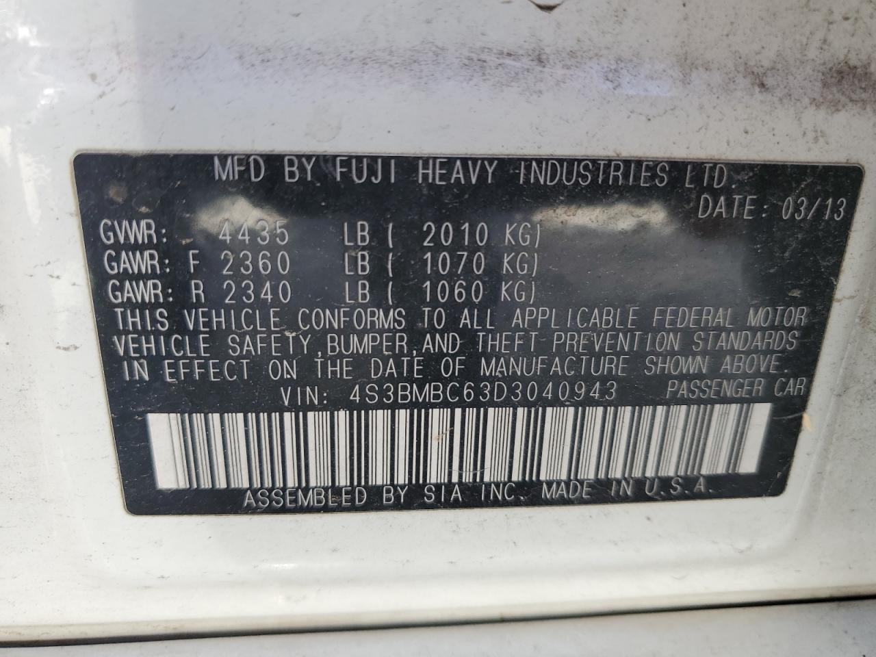 2013 Subaru Legacy 2.5I Premium VIN: 4S3BMBC63D3040943 Lot: 85957155