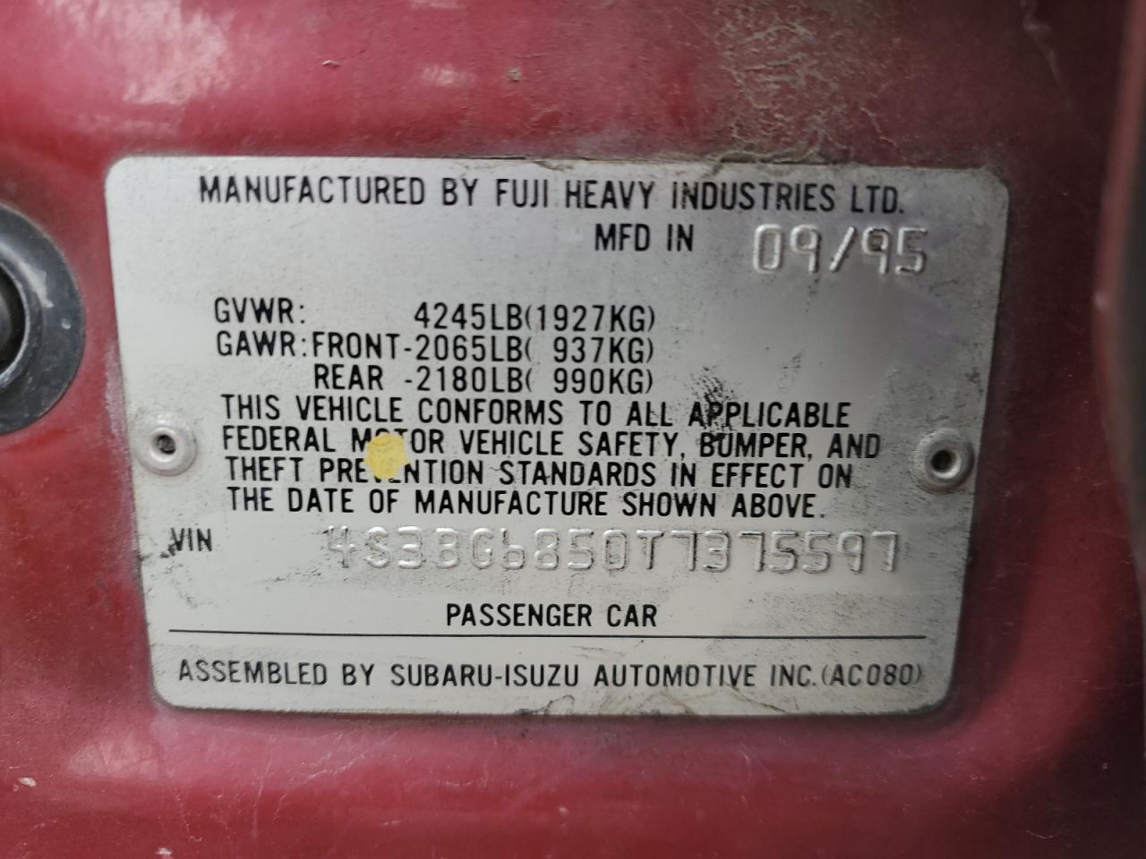 1996 Subaru Legacy Outback VIN: 4S3BG6850T7375597 Lot: 85591785