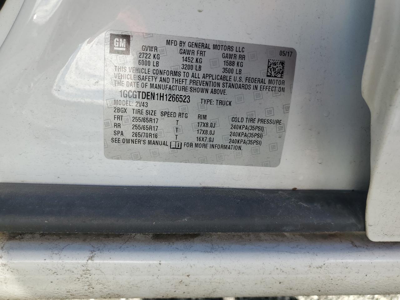 2017 Chevrolet Colorado Z71 VIN: 1GCGTDEN1H1266523 Lot: 82439025