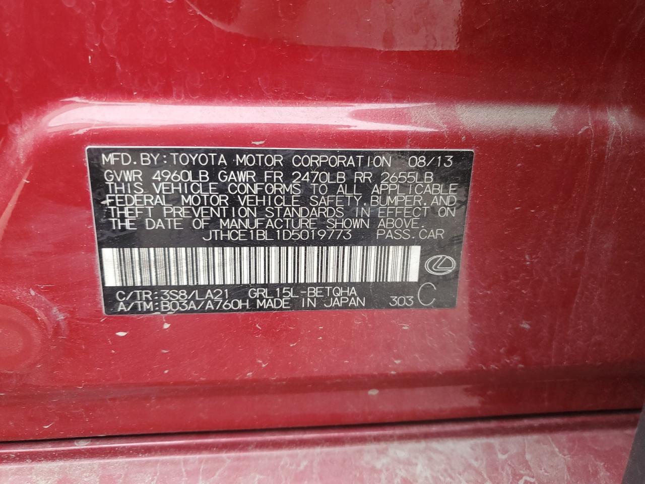 2013 Lexus Gs 350 VIN: JTHCE1BL1D5019773 Lot: 90539115