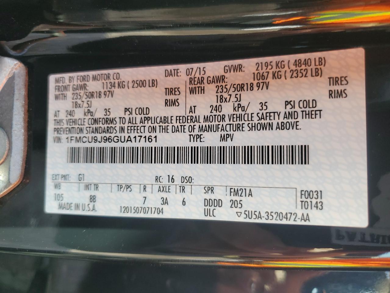 2016 Ford Escape Titanium VIN: 1FMCU9J96GUA17161 Lot: 86148745