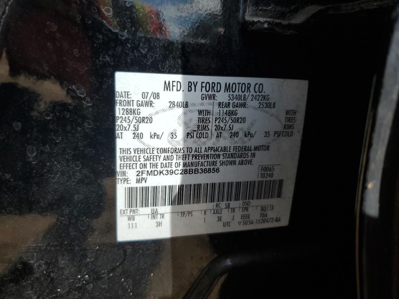 2008 Ford Edge Limited VIN: 2FMDK39C28BB36856 Lot: 82237855