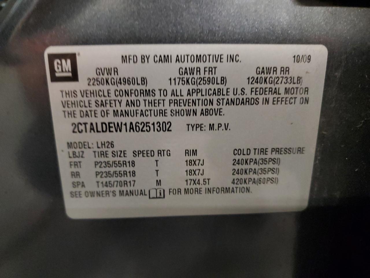 2010 GMC Terrain Sle VIN: 2CTALDEW1A6251302 Lot: 87224185