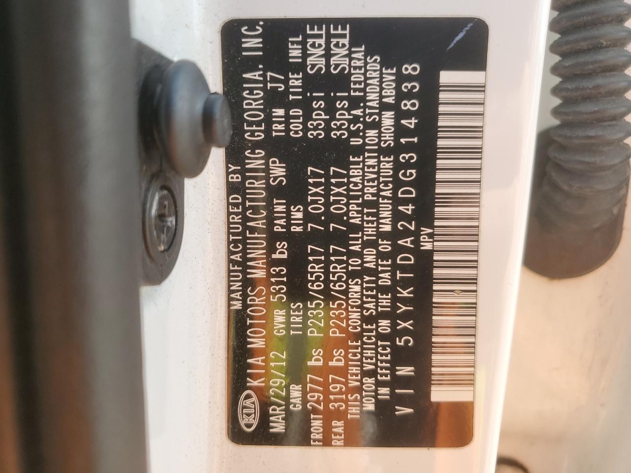 2013 Kia Sorento Lx VIN: 5XYKTDA24DG314838 Lot: 87418735