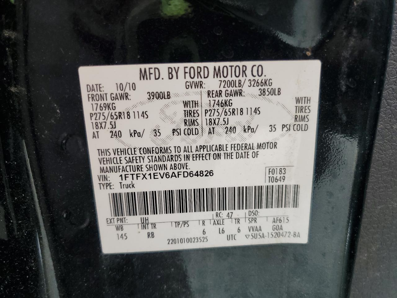 2010 Ford F150 Super Cab VIN: 1FTFX1EV6AFD64826 Lot: 84900885