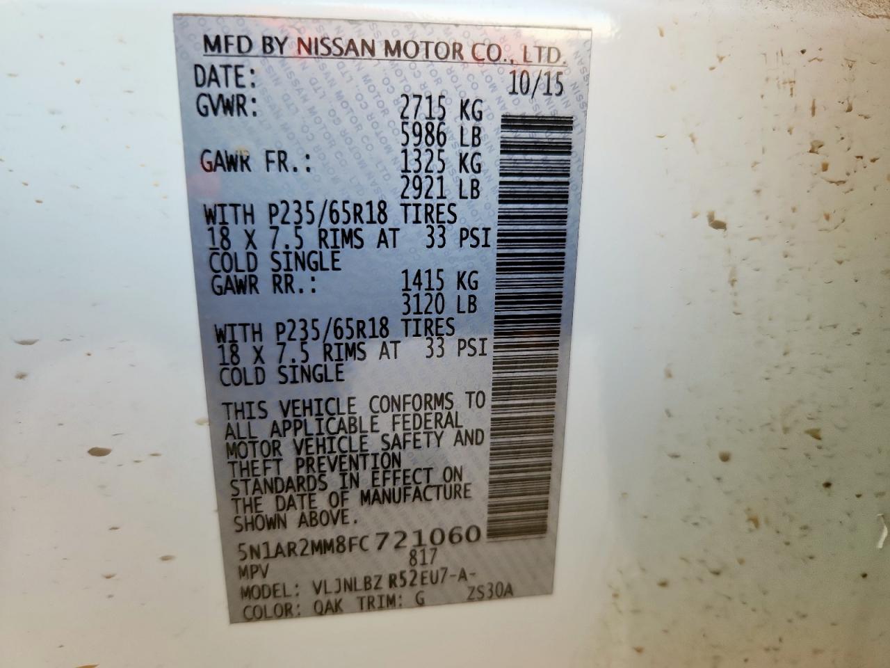 2015 Nissan Pathfinder S VIN: 5N1AR2MM8FC721060 Lot: 86245145