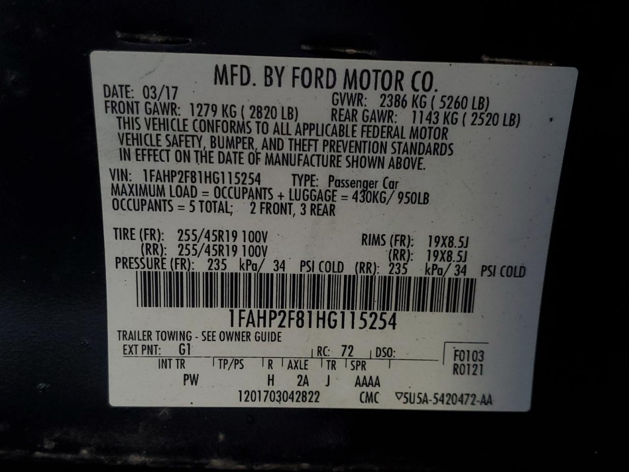 2017 Ford Taurus Limited VIN: 1FAHP2F81HG115254 Lot: 84659885