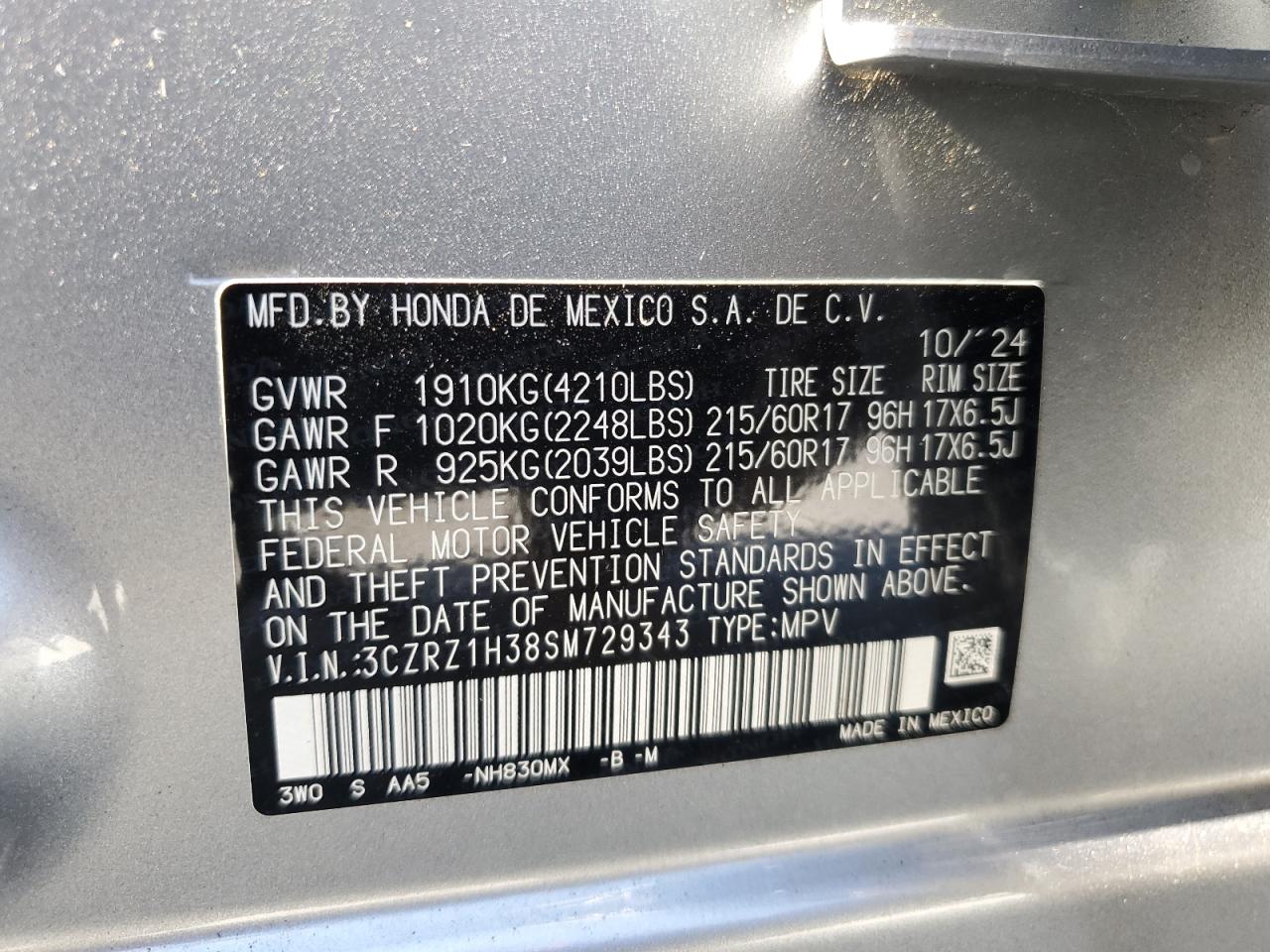 2025 Honda Hr-V Lx VIN: 3CZRZ1H38SM729343 Lot: 81861935