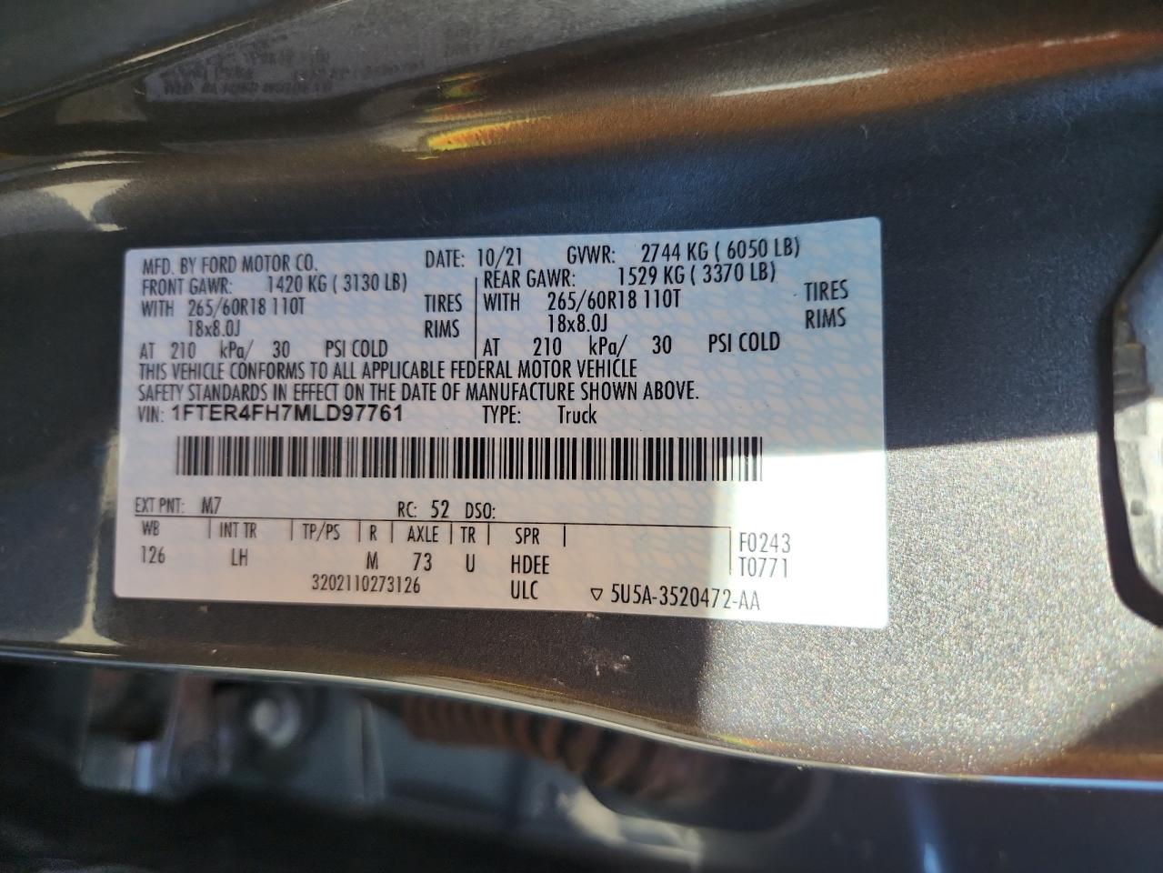 2021 Ford Ranger Xl VIN: 1FTER4FH7MLD97761 Lot: 84659255