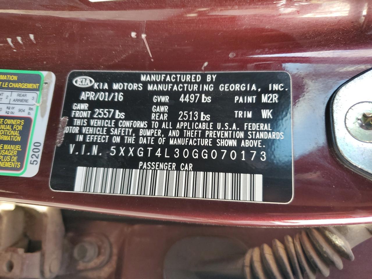 2016 Kia Optima Lx VIN: 5XXGT4L30GG070173 Lot: 82231175