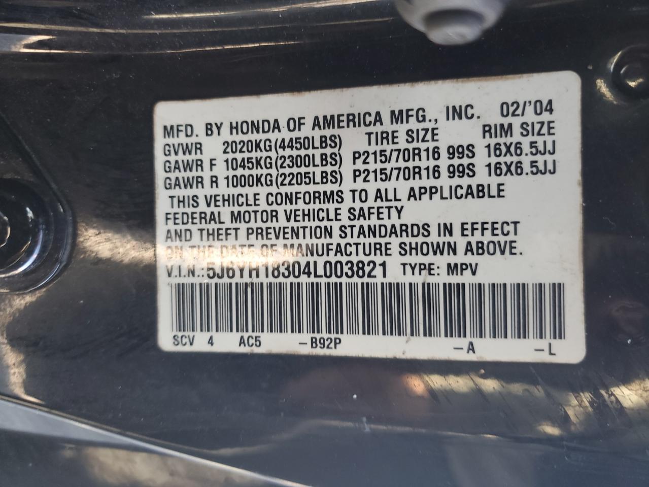 2004 Honda Element Lx VIN: 5J6YH18304L003821 Lot: 85670245