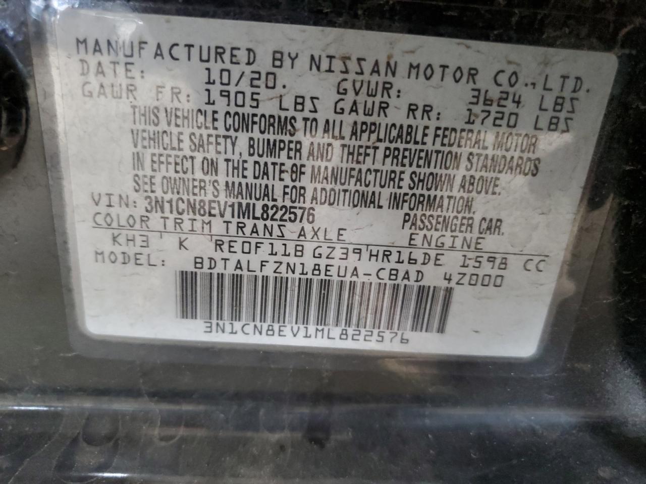 2021 Nissan Versa Sv VIN: 3N1CN8EV1ML822576 Lot: 85739875