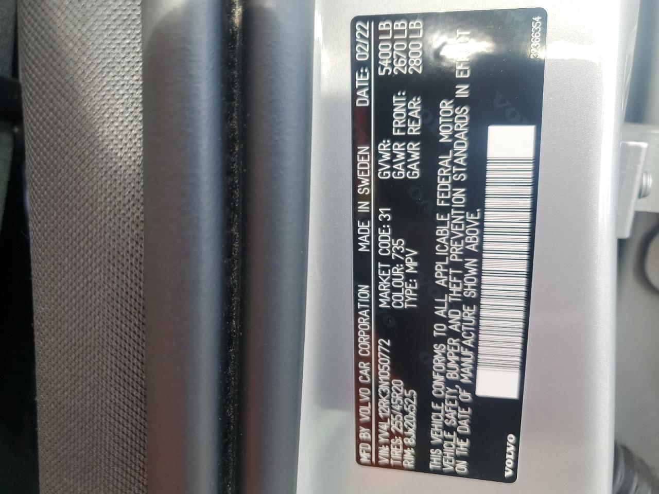 2022 Volvo Xc60 B5 Momentum VIN: YV4L12RK3N1050772 Lot: 86626205