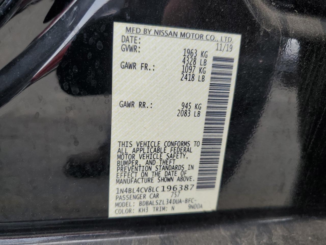 2020 Nissan Altima Sr VIN: 1N4BL4CV8LC196387 Lot: 82248925