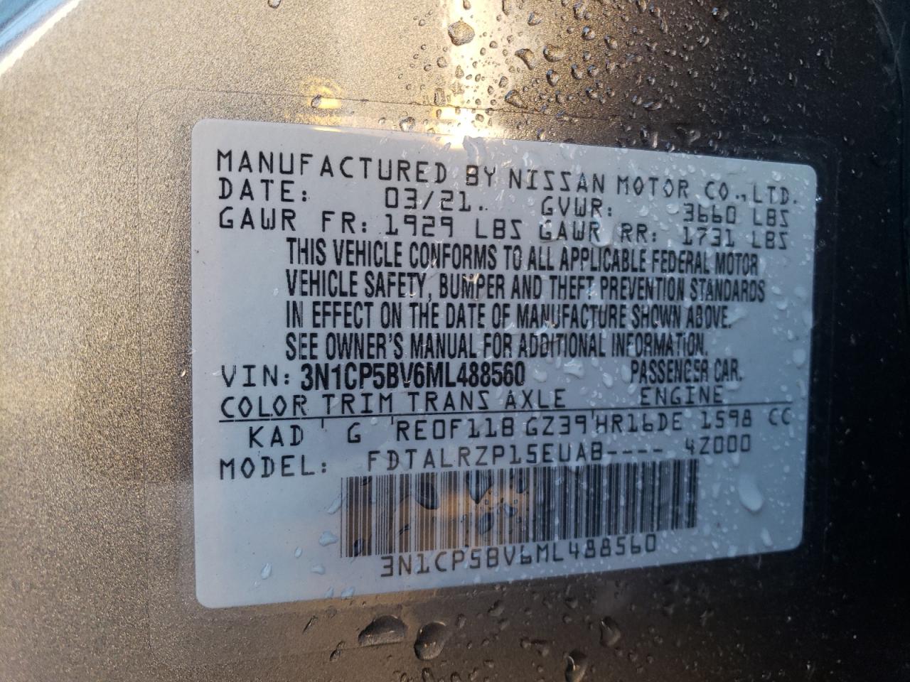 2021 Nissan Kicks S VIN: 3N1CP5BV6ML488560 Lot: 84473215