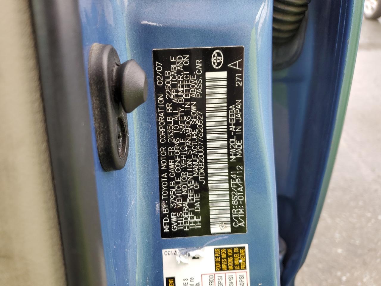 2007 Toyota Prius VIN: JTDKB20U077620527 Lot: 86475495