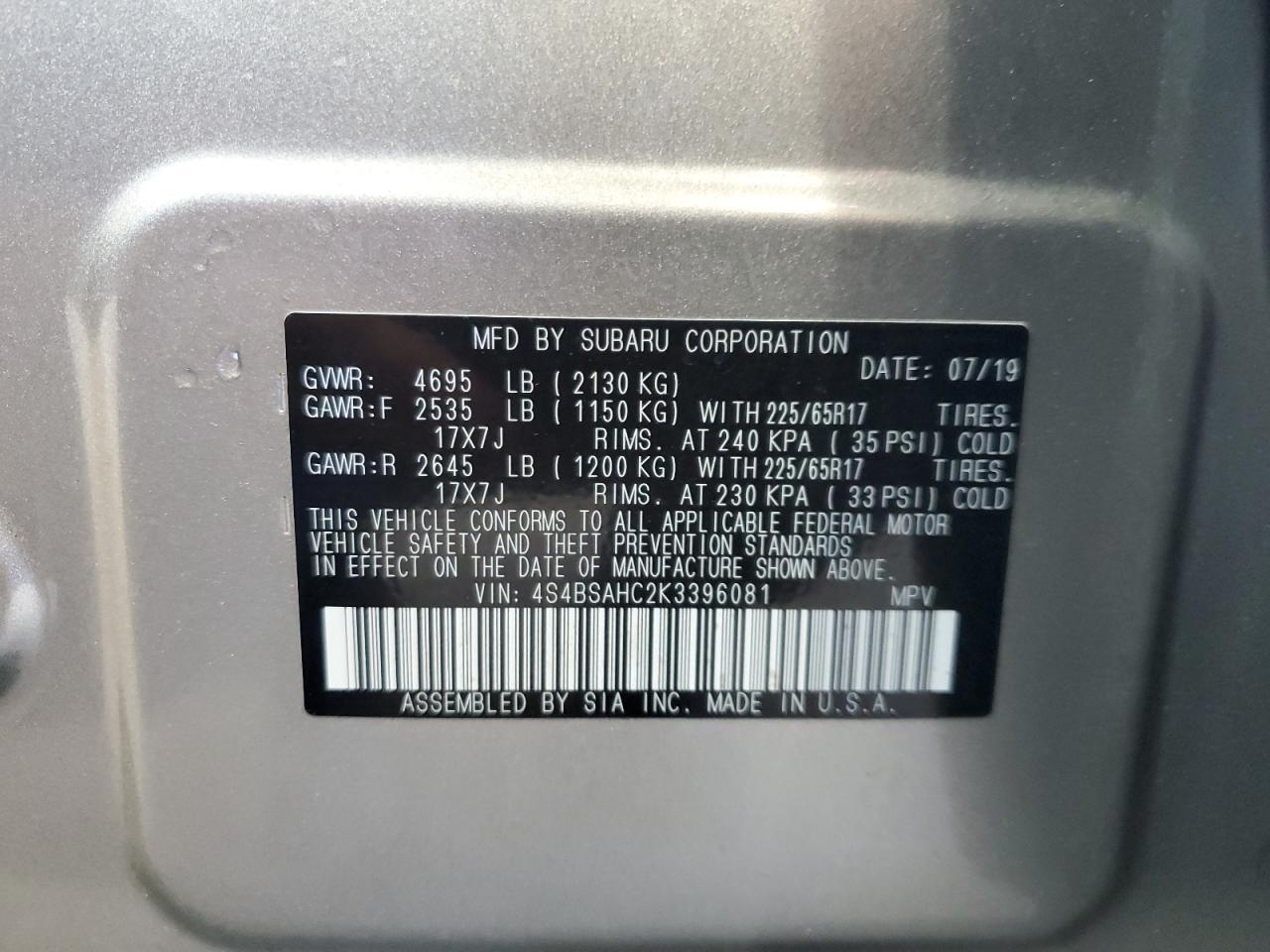 2019 Subaru Outback 2.5I Premium VIN: 4S4BSAHC2K3396081 Lot: 81869295