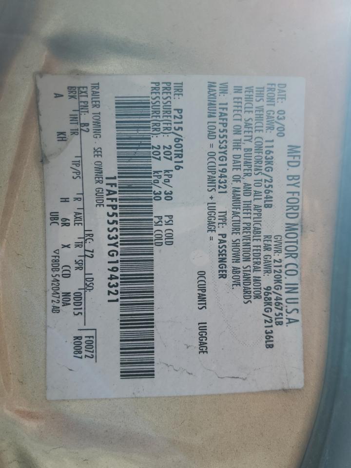 2000 Ford Taurus Ses VIN: 1FAFP55S3YG194321 Lot: 87467085