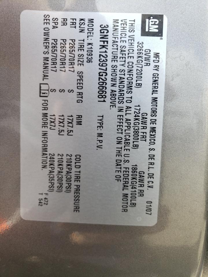 2007 Chevrolet Avalanche K1500 VIN: 3GNFK12397G266681 Lot: 84464065