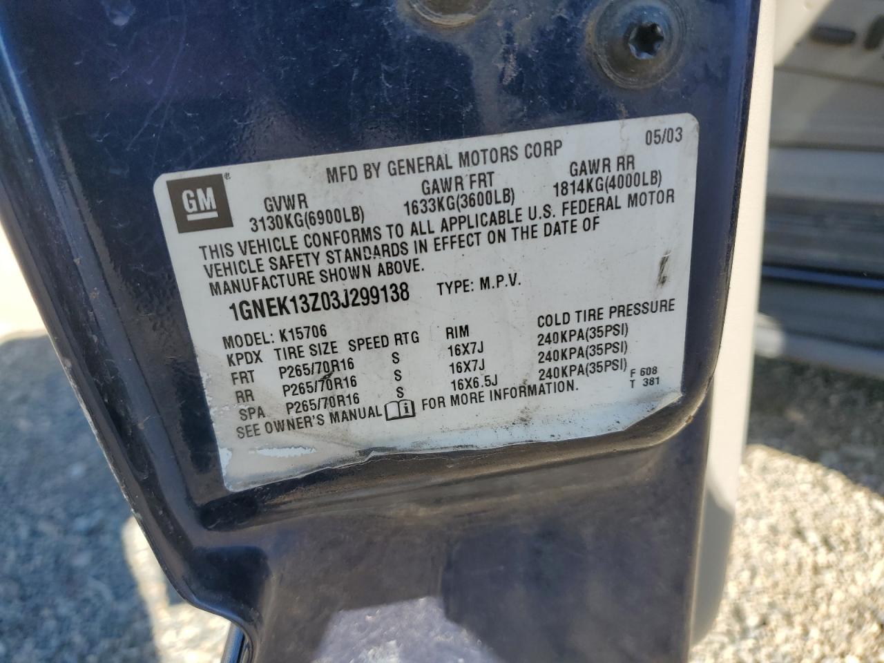 2003 Chevrolet Tahoe K1500 VIN: 1GNEK13Z03J299138 Lot: 86295795