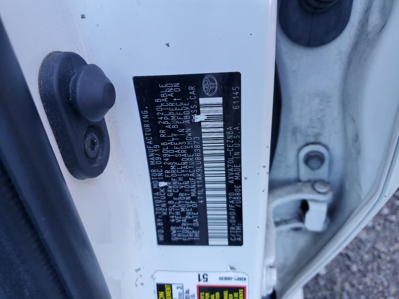 2020 Toyota Camry Le VIN: 4T1L11AK9LU863873 Lot: 85163425