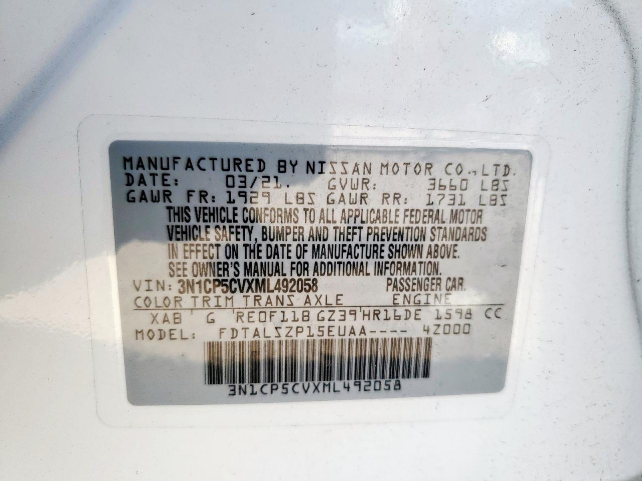 2021 Nissan Kicks Sv VIN: 3N1CP5CVXML492058 Lot: 84976545