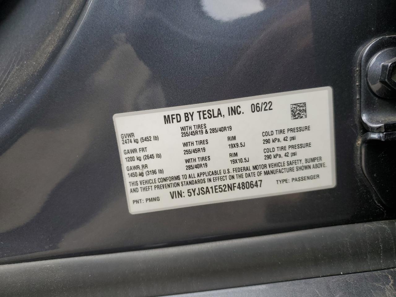 2022 Tesla Model S VIN: 5YJSA1E52NF480647 Lot: 86312665