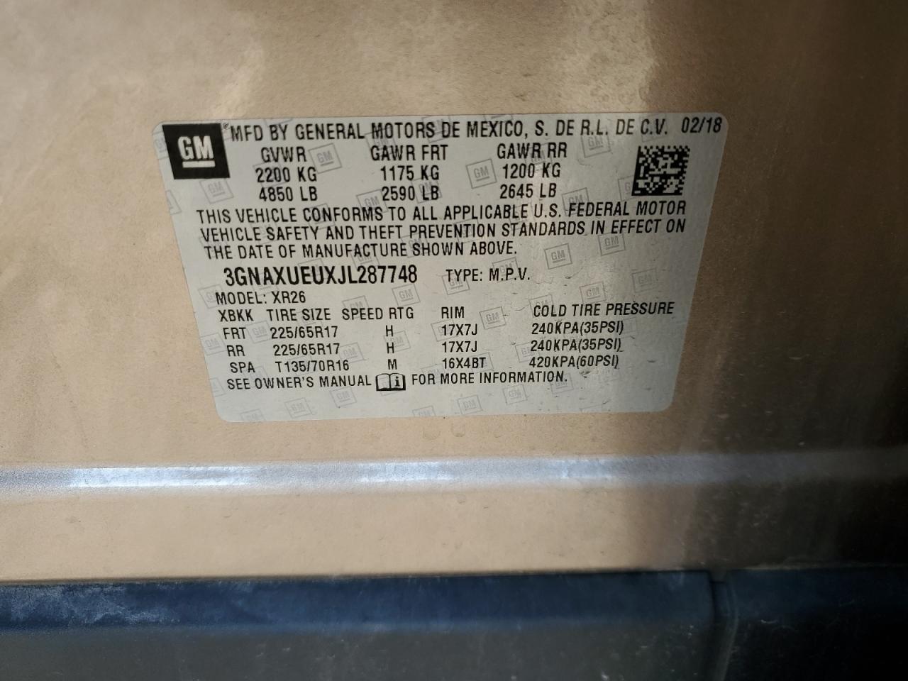 2018 Chevrolet Equinox Lt VIN: 3GNAXUEUXJL287748 Lot: 86040295