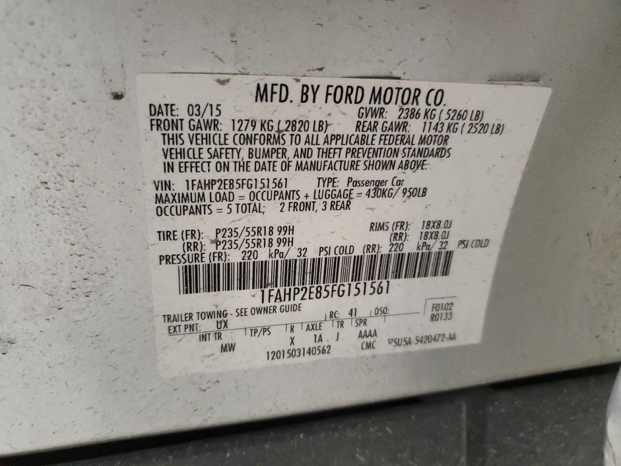 2015 Ford Taurus Sel VIN: 1FAHP2E85FG151561 Lot: 89738205