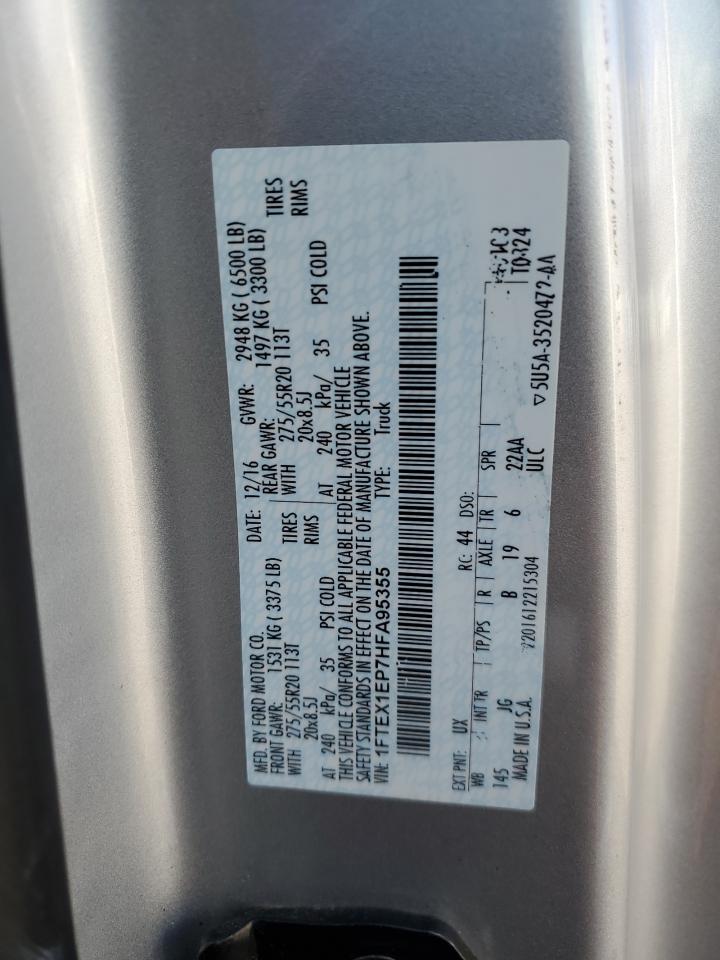 2017 Ford F150 Super Cab VIN: 1FTEX1EP7HFA95355 Lot: 89908215