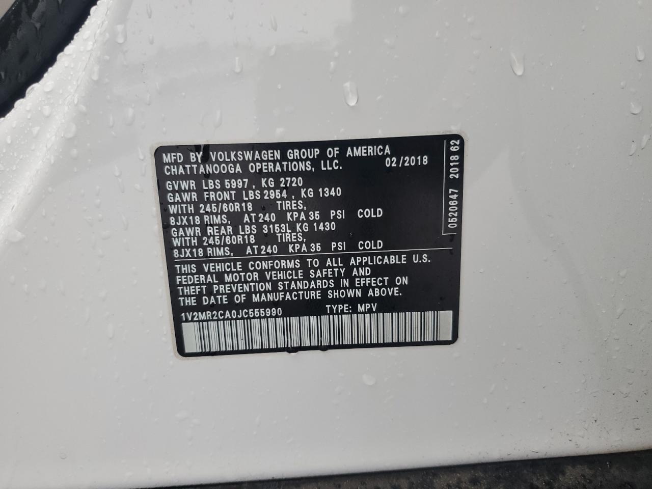2018 Volkswagen Atlas Sel VIN: 1V2MR2CA0JC555990 Lot: 84043015