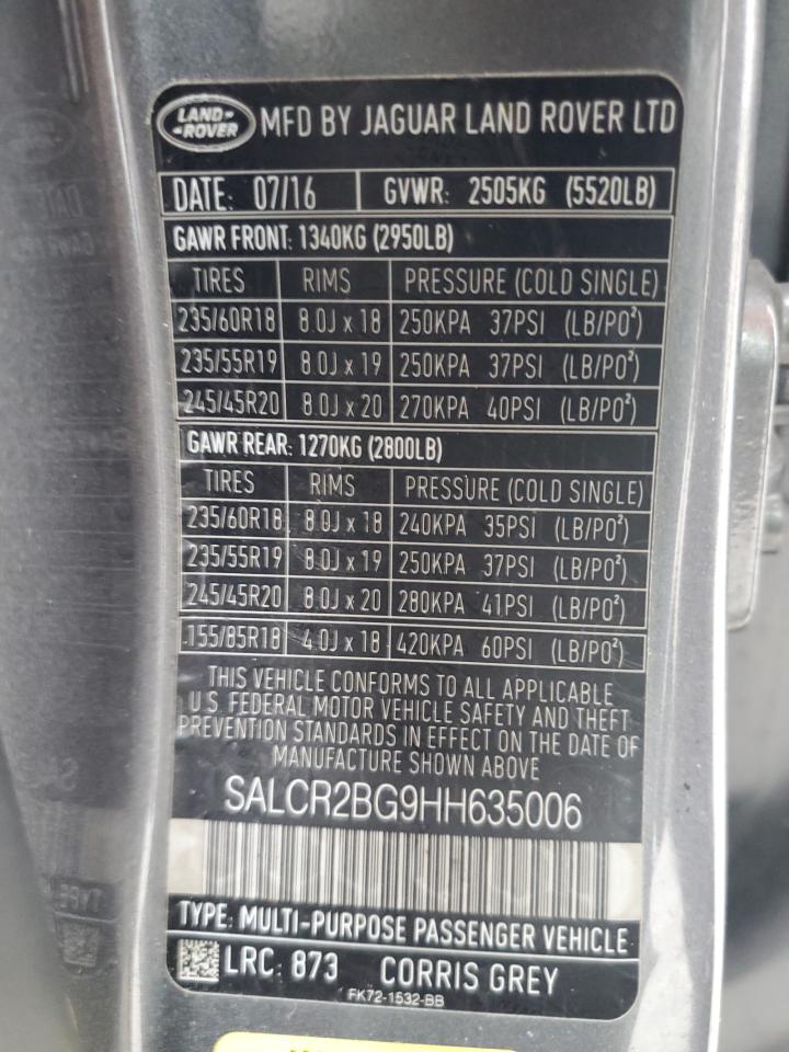 2017 Land Rover Discovery Sport Hse VIN: SALCR2BG9HH635006 Lot: 90537145