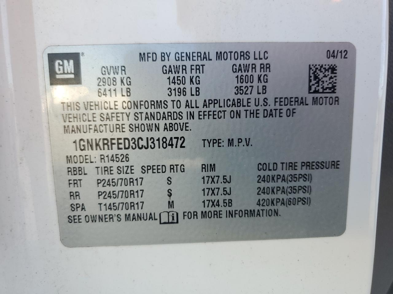 2012 Chevrolet Traverse Ls VIN: 1GNKRFED3CJ318472 Lot: 86430105