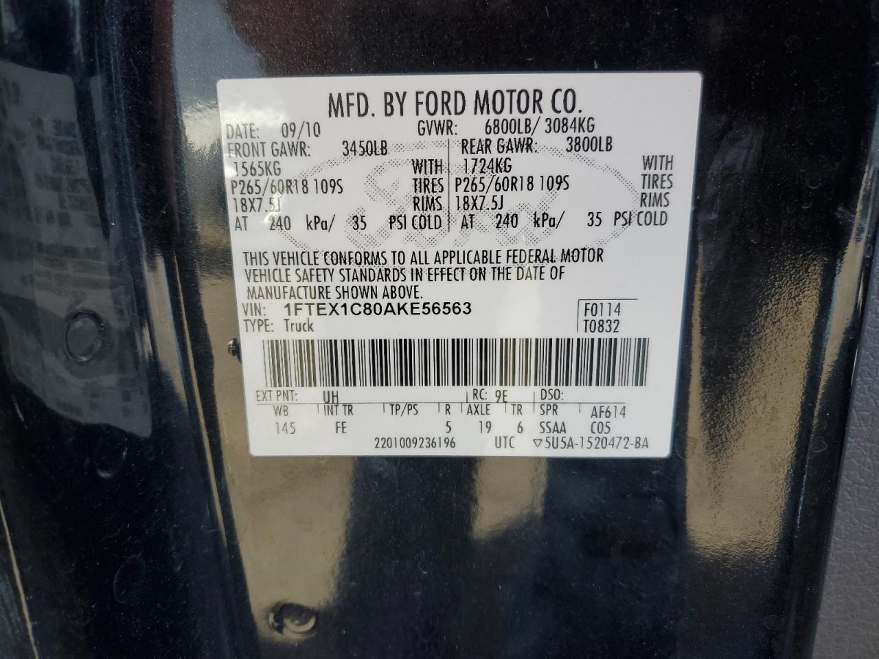 2010 Ford F150 Super Cab VIN: 1FTEX1C80AKE56563 Lot: 90056695