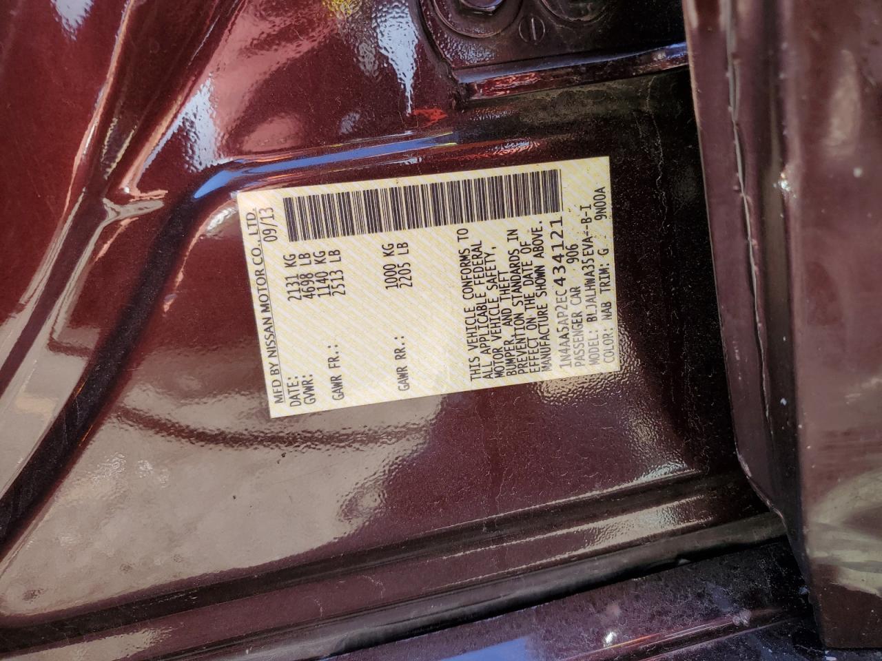 2014 Nissan Maxima S VIN: 1N4AA5AP2EC434121 Lot: 85148855