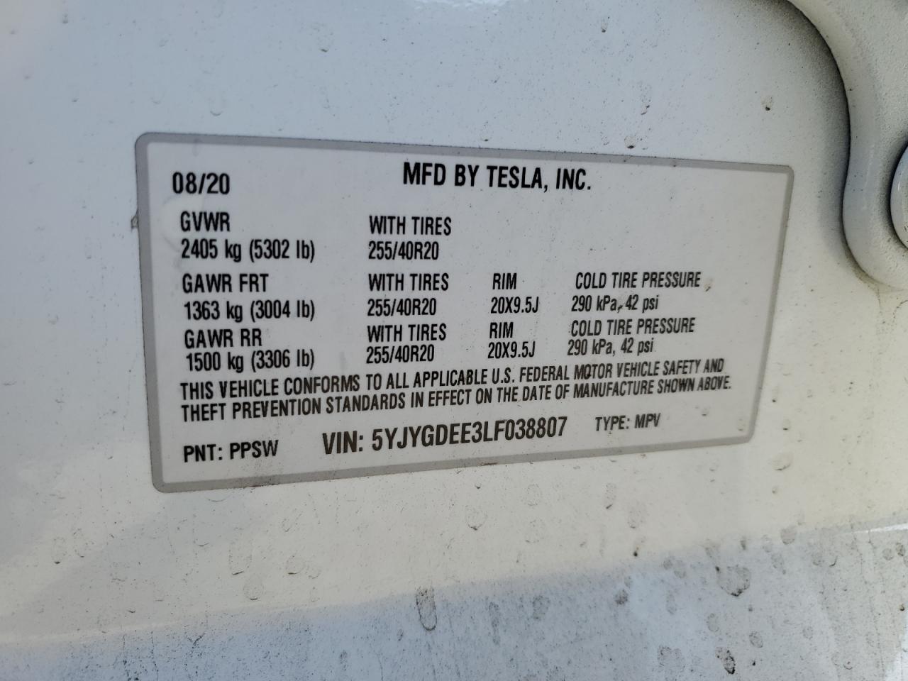 2020 Tesla Model Y VIN: 5YJYGDEE3LF038807 Lot: 85012205